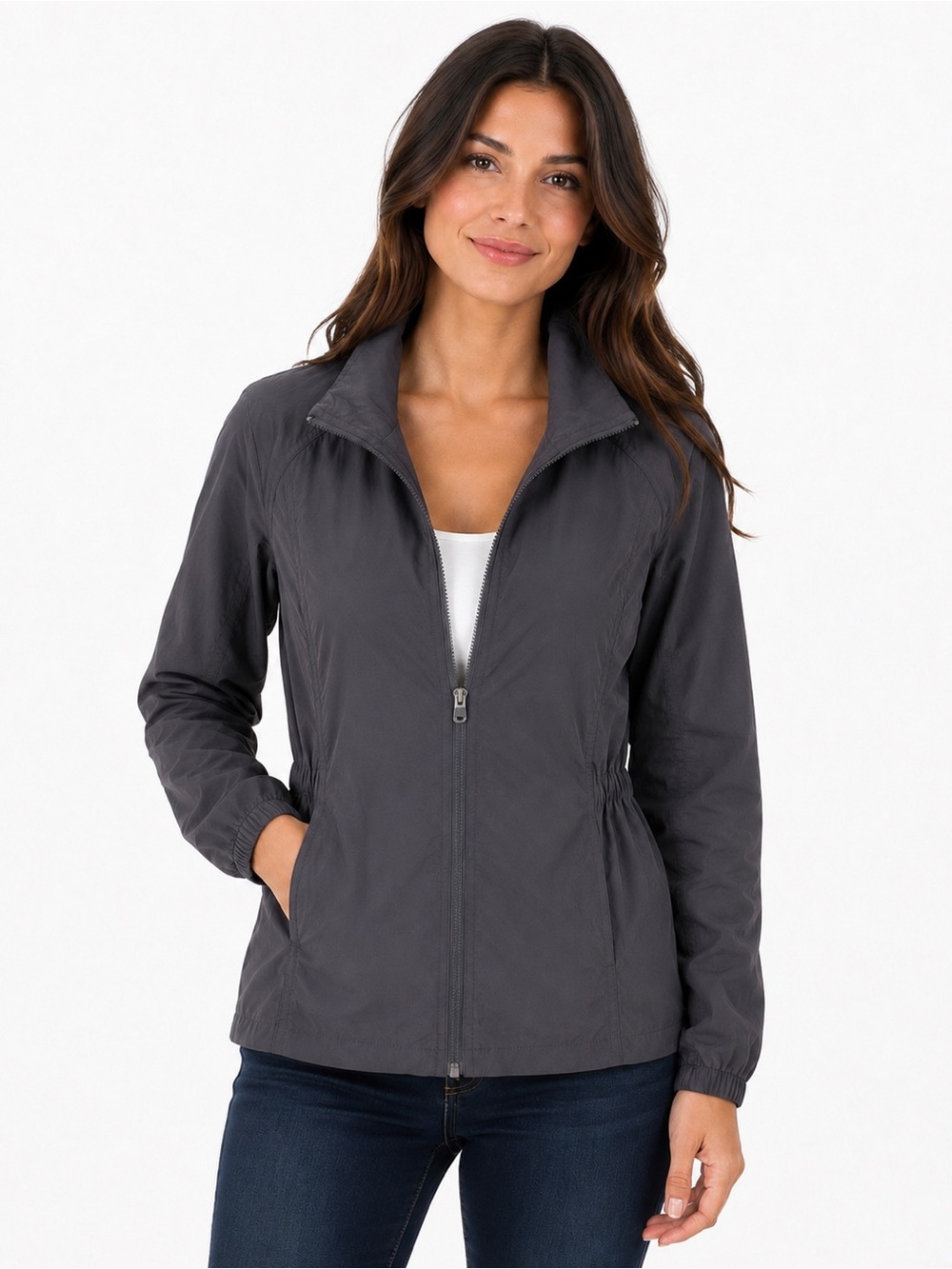 GapFit Women’s Lightweight Packable Hooded Rain Jacket Gray Small Full Zip